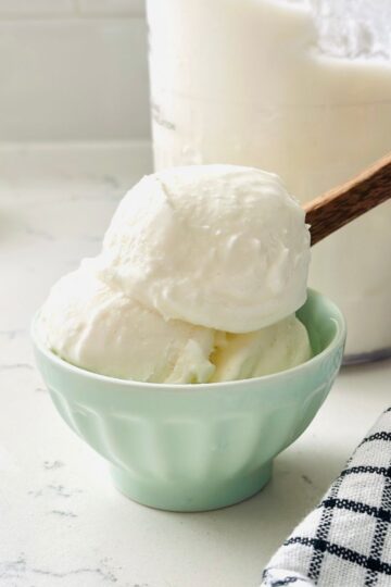 Scoops of keto vanilla ice cream in a bowl ready to be enjoyed.