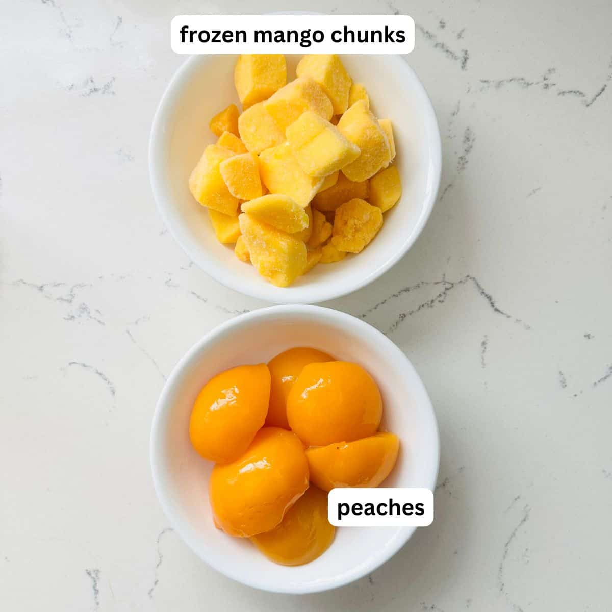 Showing 2 ingredient for Peach and mango sorbet- just frozen mangoes and peaches.