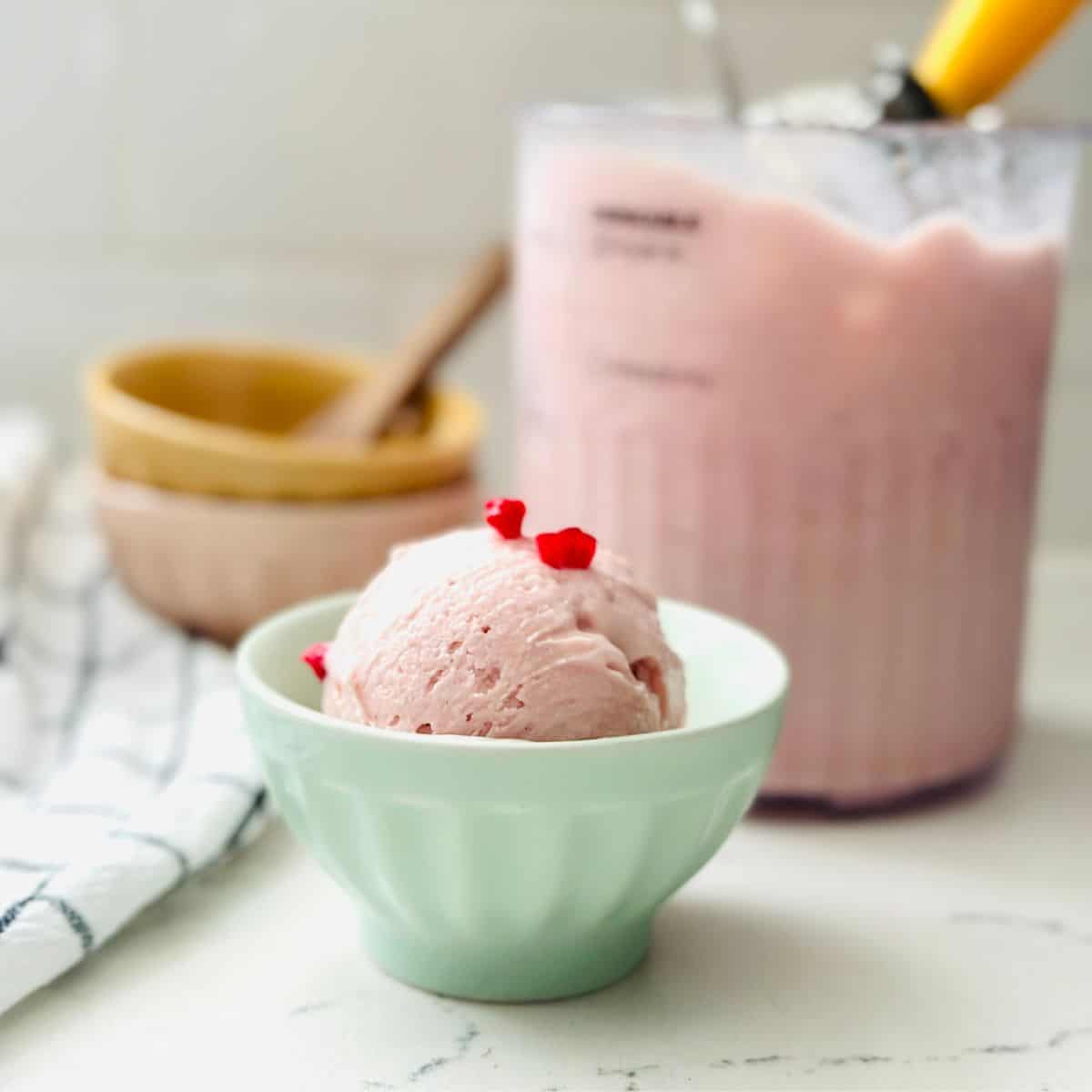 Scoop of rose raspberry ice cream in a bowl ready to be enjoyed.