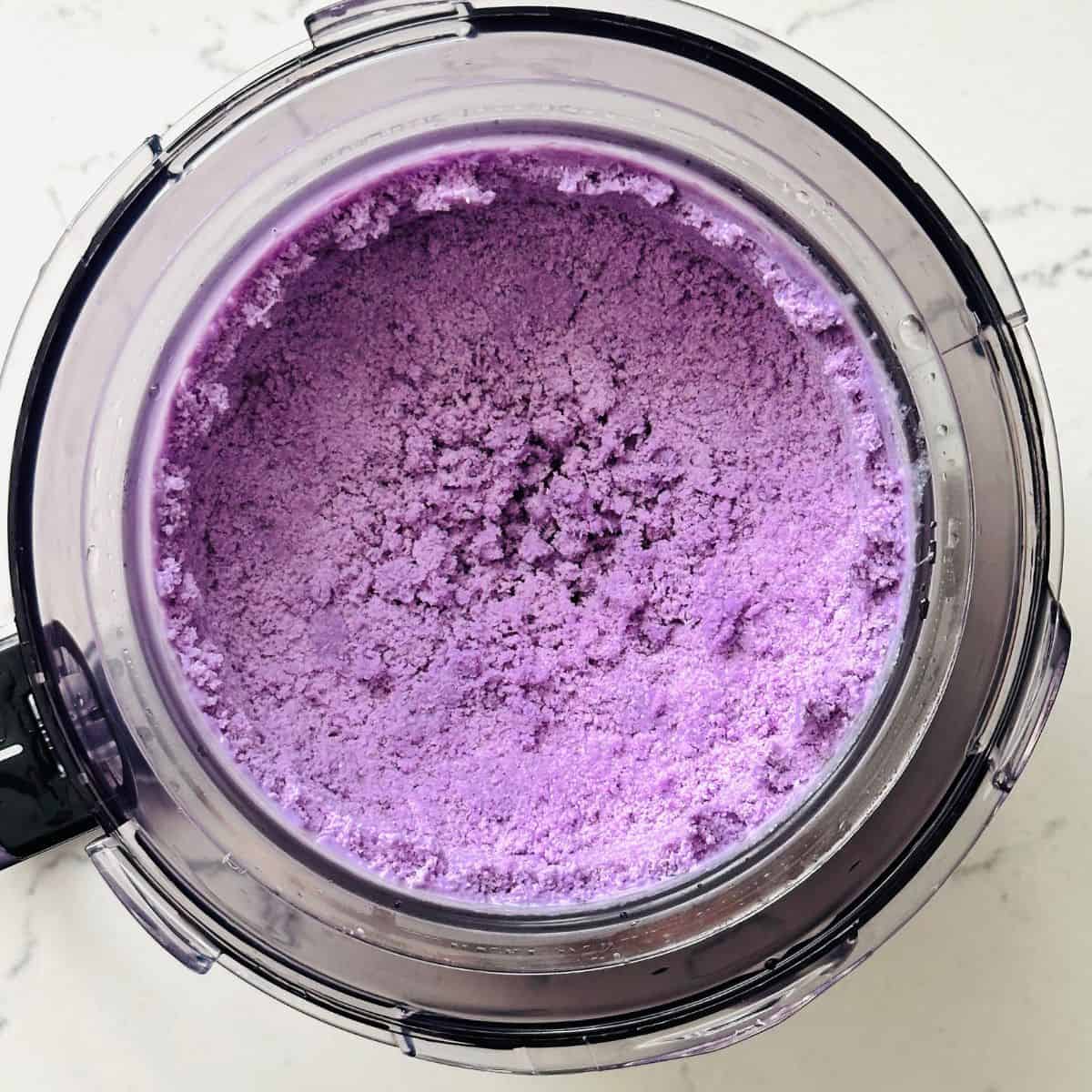 Ube Cheese Ice Cream mixture after spinning showing crumbly texture.