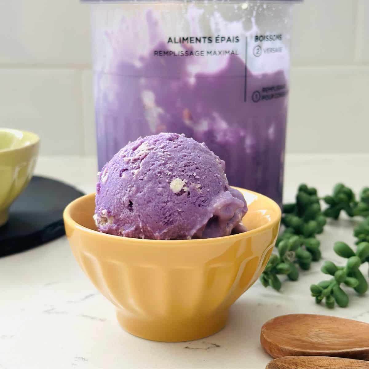 Scoop of Ube Cheese Ice Cream in a bowl ready to be enjoyed.