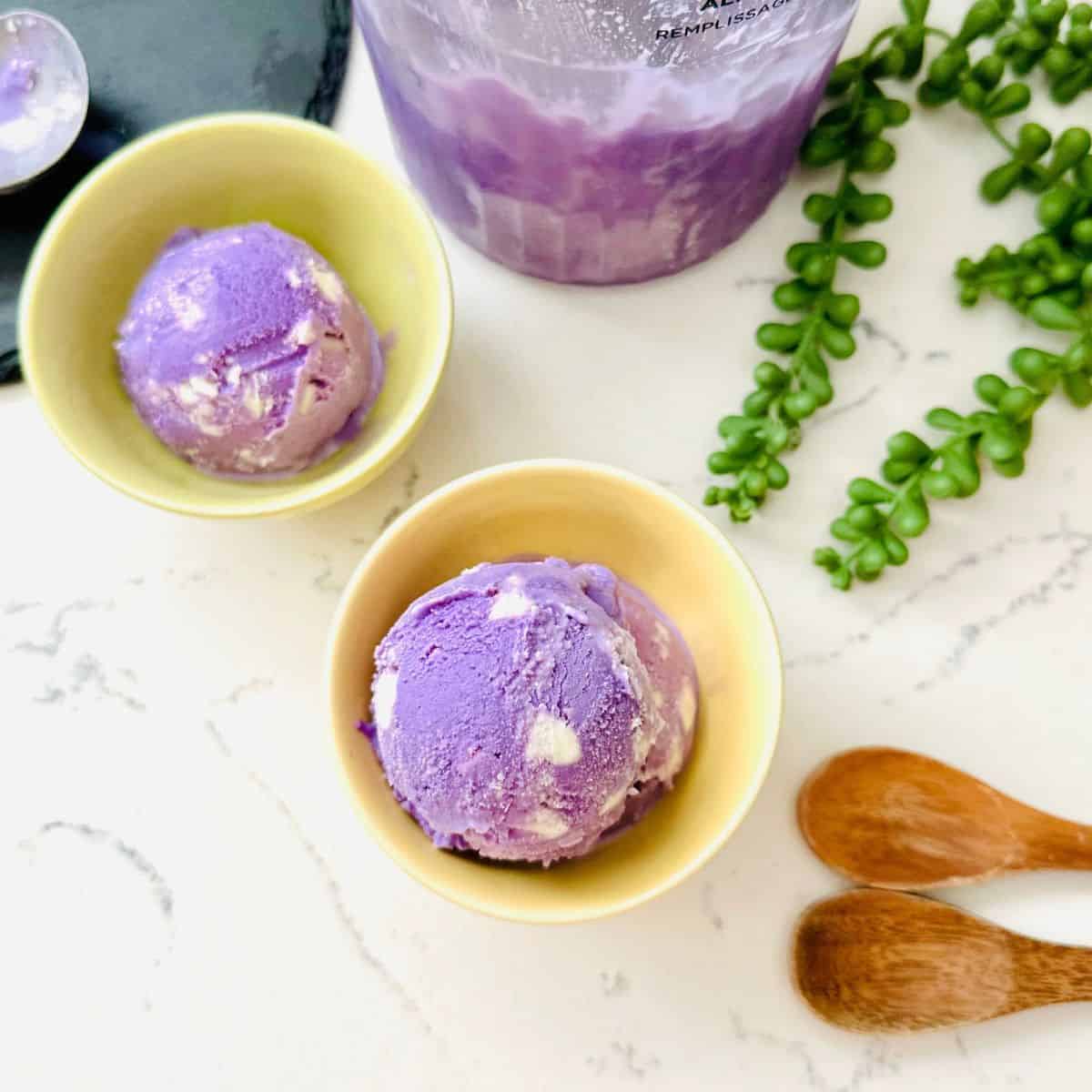 Ube cheese ice cream in bowls.