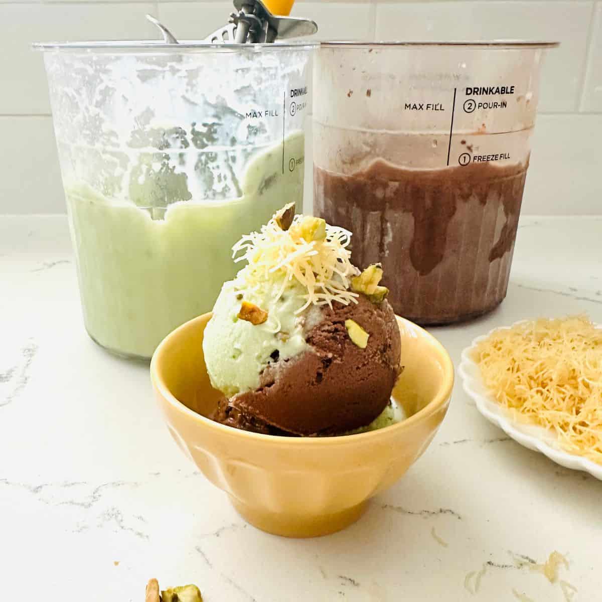 Scoops of dubai chocolate ice cream with kataifi toppings made using ninja creami.