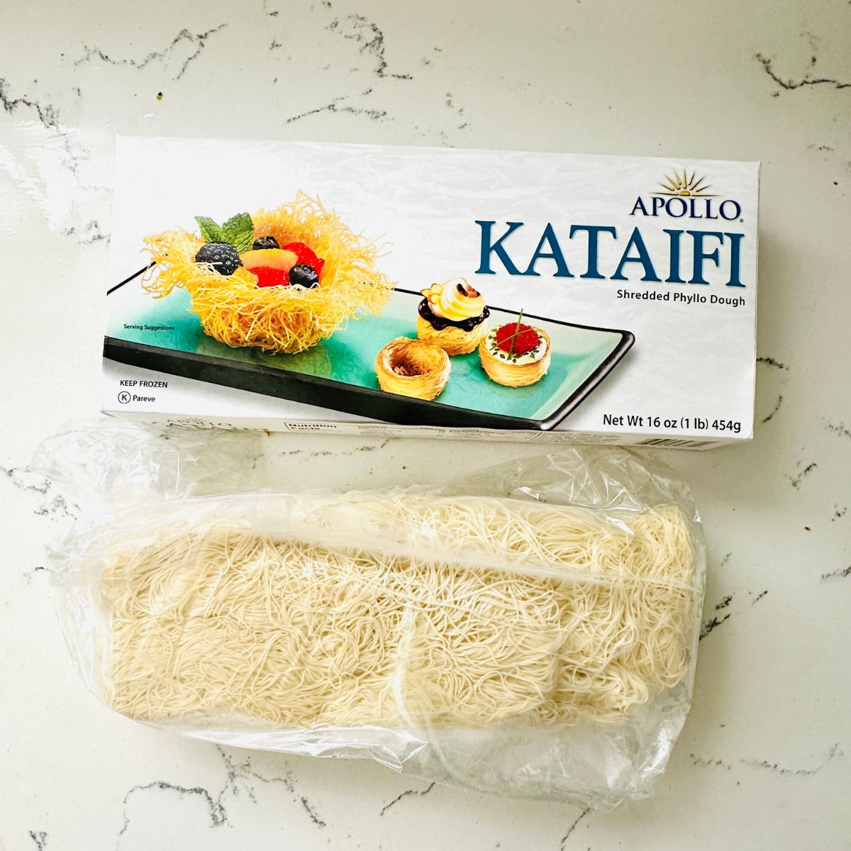 Kataifi Shredded Phyllo Dough fresh out of the box.