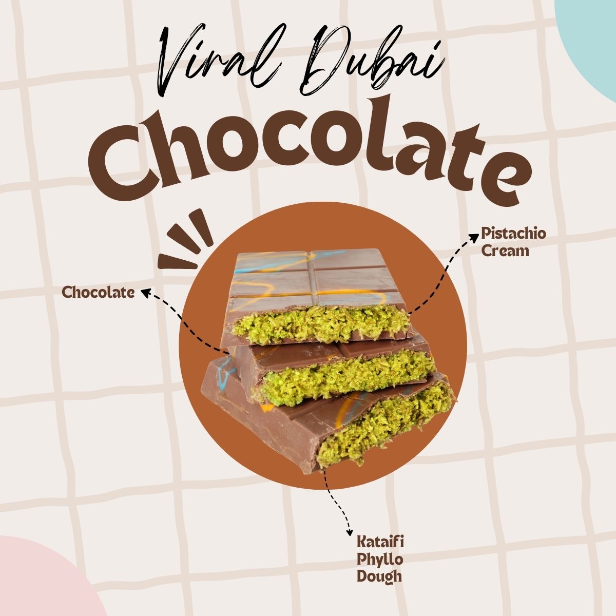 Viral Dubai chocolate containing chocolate, pistachio and kataifi.