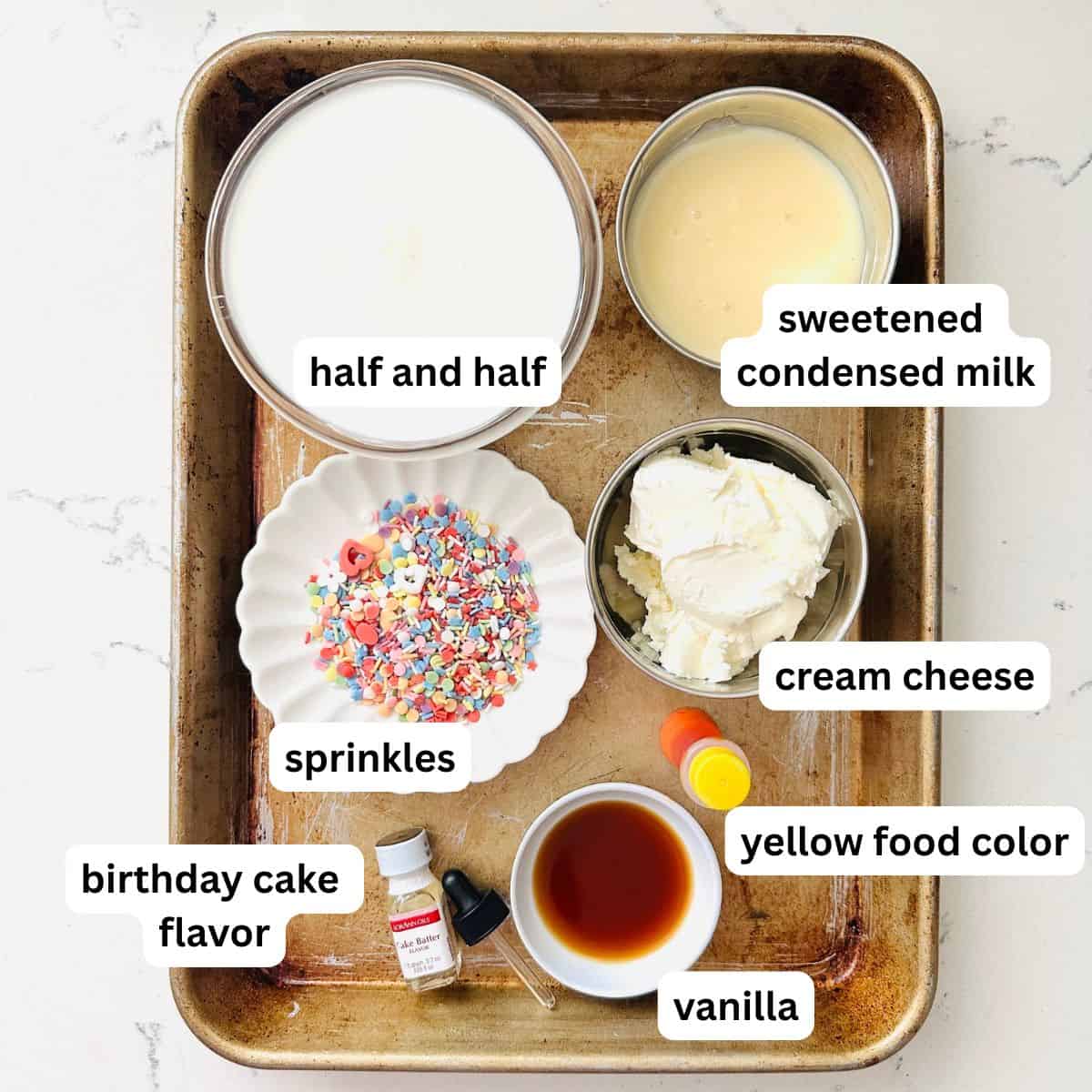 Ingredients for homemade birthday cake ice cream made with the Ninja Creami.