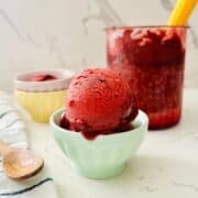 Scoops of Homemade blackberry sorbet mixture ready to be enjoyed.