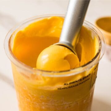 Creamy 3-ingredient mango ice cream made with fresh mangoes, sweetened condensed milk, and half and half.