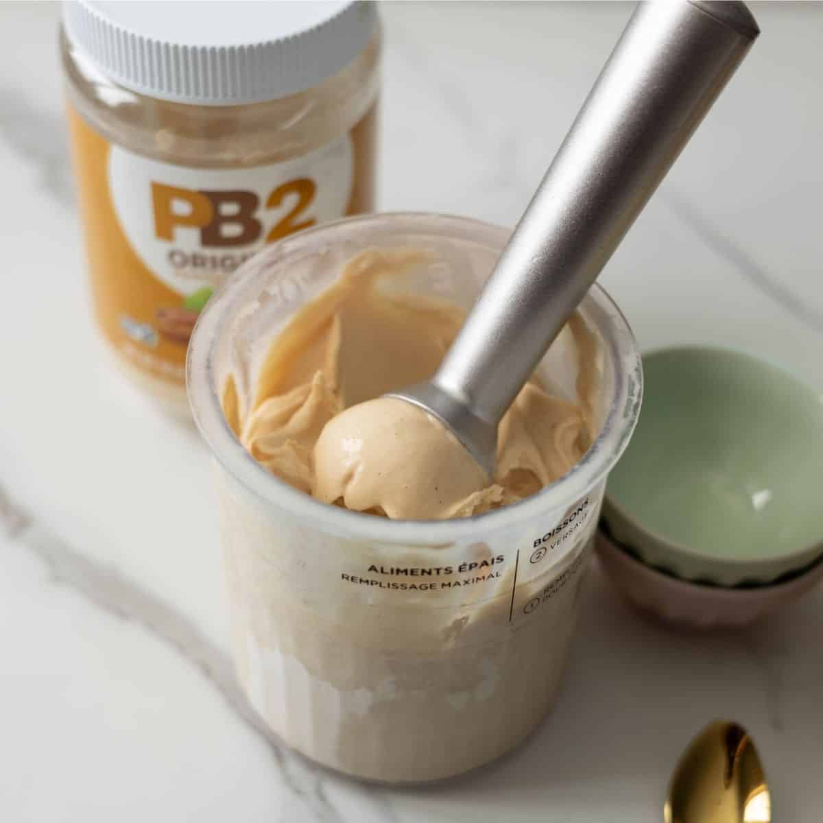Creamy Ninja Creami PB2 peanut butter ice cream ready to be enjoyed!