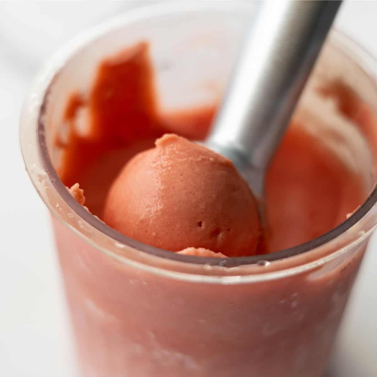NInja Creami strawberry ice cream on a pint ready to be enjoyed.