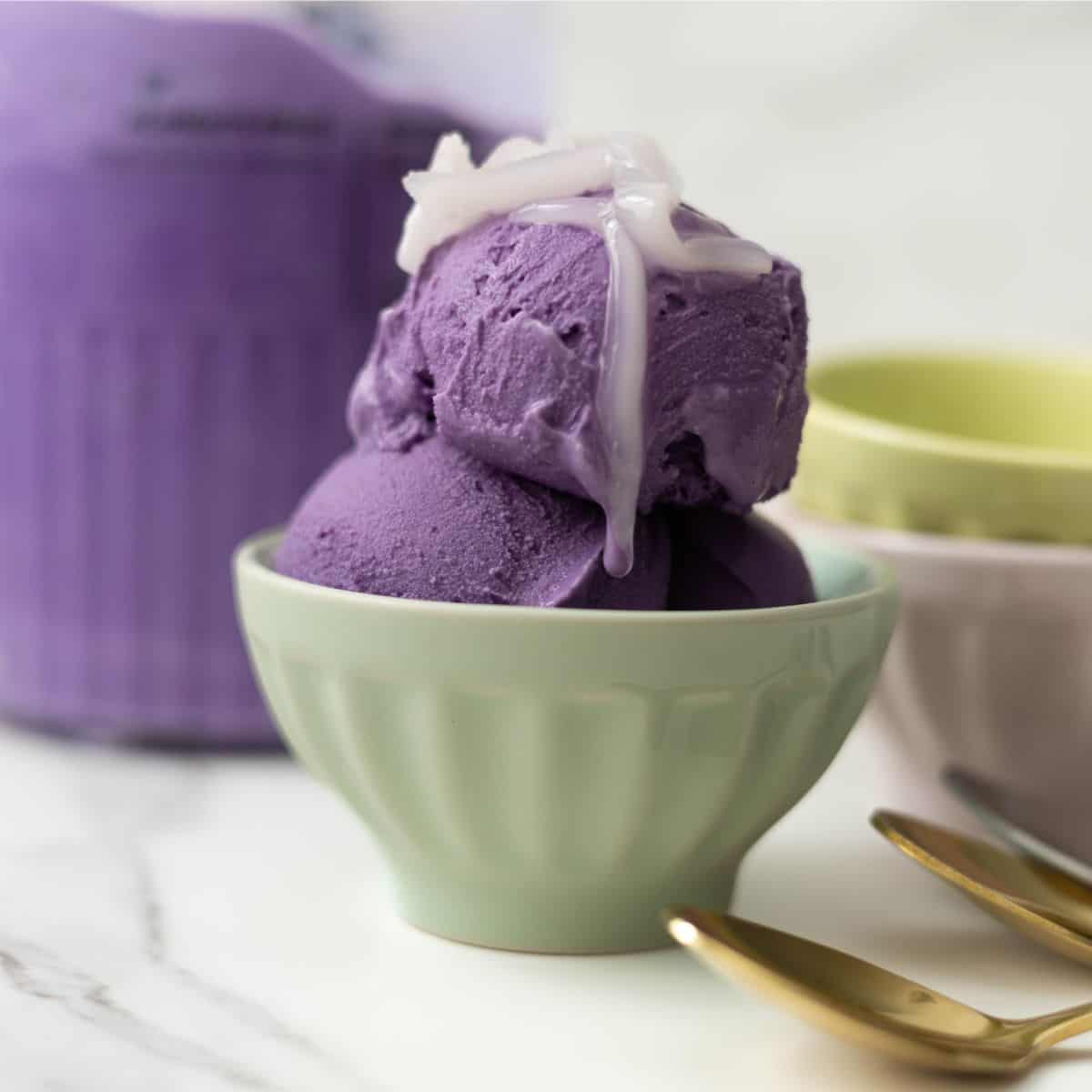 Ninja Creami ube coconut ice cream in a bowl, made with ube, coconut milk, and condensed milk for a creamy, dairy-free dessert perfect for summer or Filipino-inspired treats.