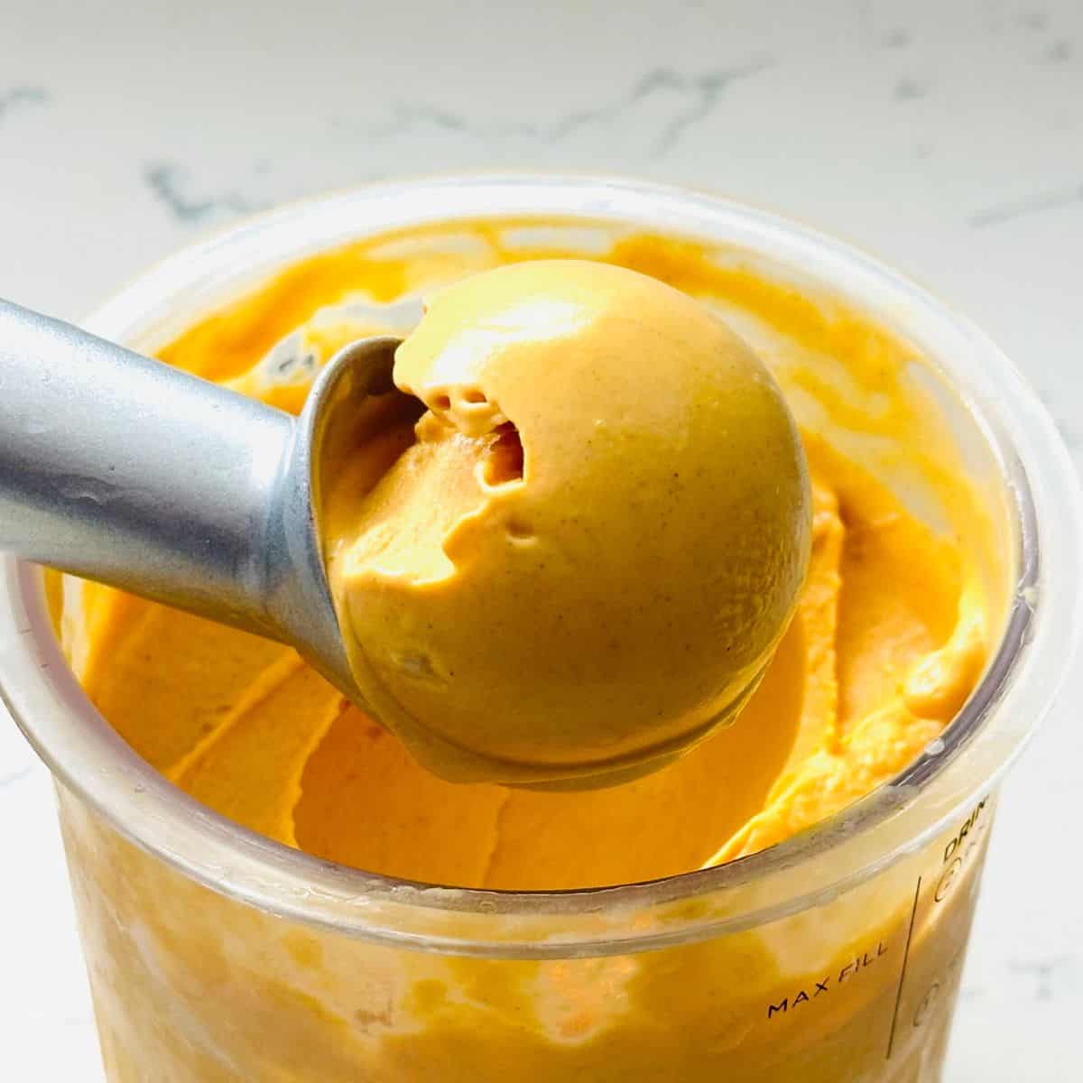 Scooping creamy pumpkin cheesecake ice cream. 