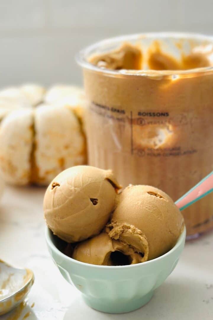 Scooped Pumpkin Spice Latte ice cream in a small bowl — rich, creamy, and full of fall flavor.