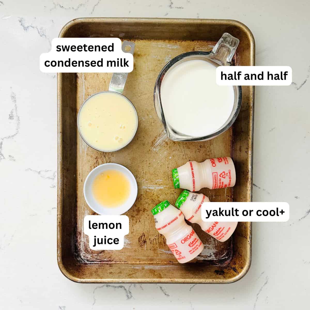 Ingredients for Ninja Creami Yakult ice cream — Yakult, half-and-half, and sweetened condensed milk.