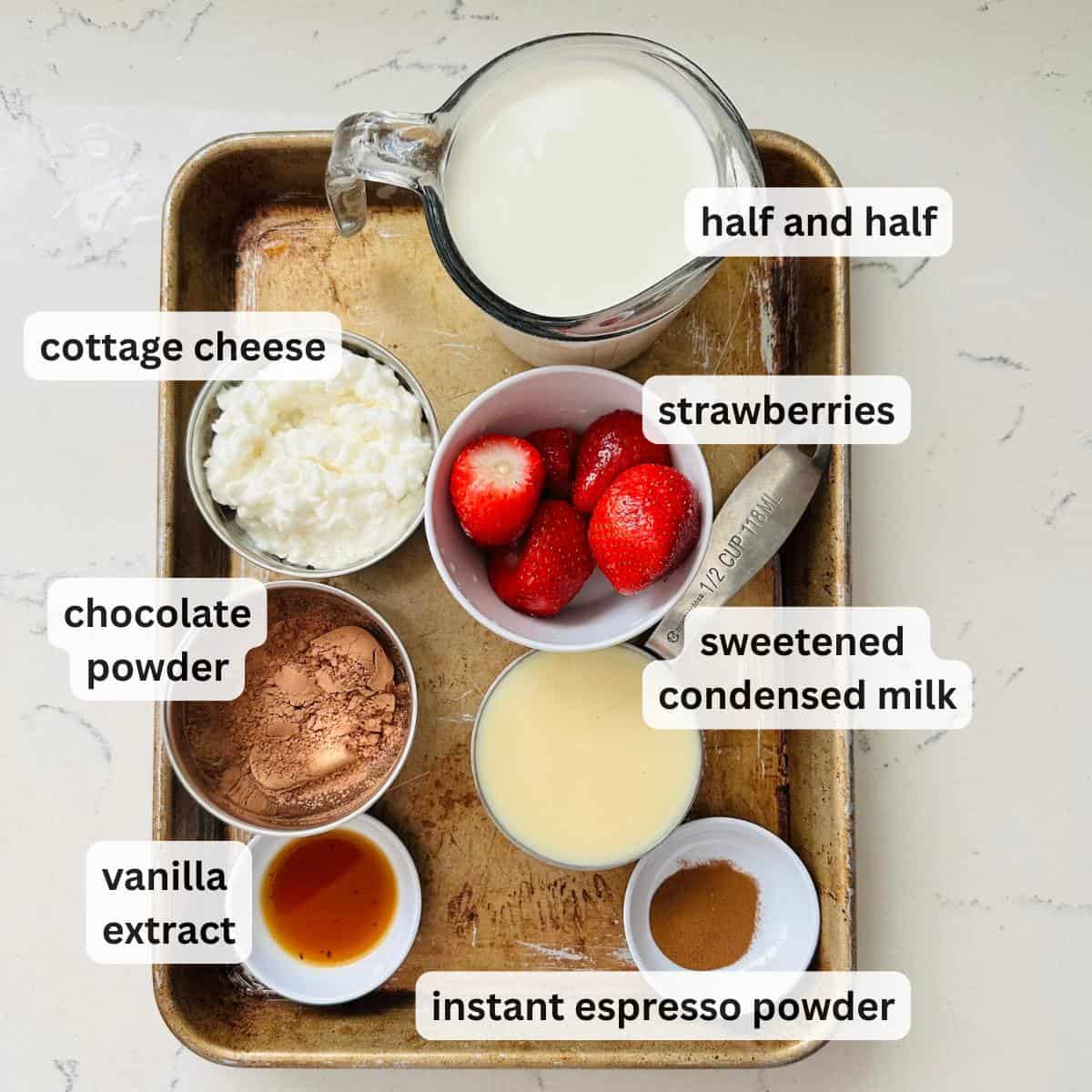 Ingredients for Ninja Creami chocolate strawberry ice cream.