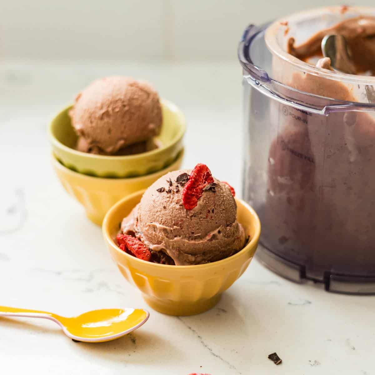 Scoop of chocolate strawberry ice cream made in the Ninja Creami in a bowl with freeze dried strawberries.