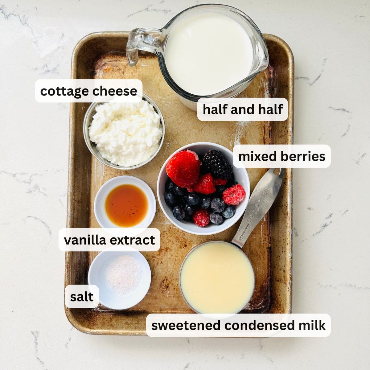 Overhead shot of ingredients for mixed berry Ninja Creami ice cream including half and half, cottage cheese, sweetened condensed milk, vanilla extract, salt, and mixed berries.