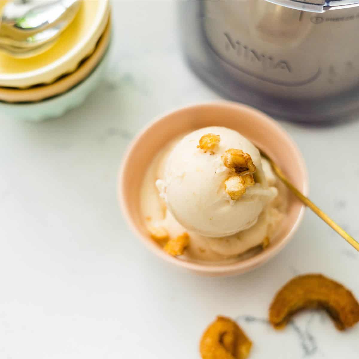 Top view of Ninja Creami Banana Ice Cream in a bowl with banana chips and a gold spoon.