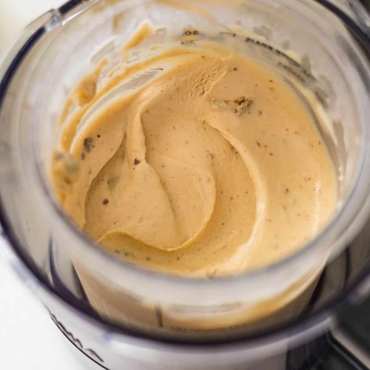 Ninja Creami high protein peanut butter cup ice cream after spinning with a smooth and creamy texture