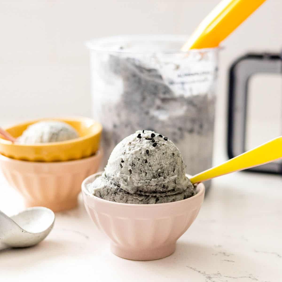 Ninja Creami black sesame ice cream served in a pink bowl and topped with black sesame seeds