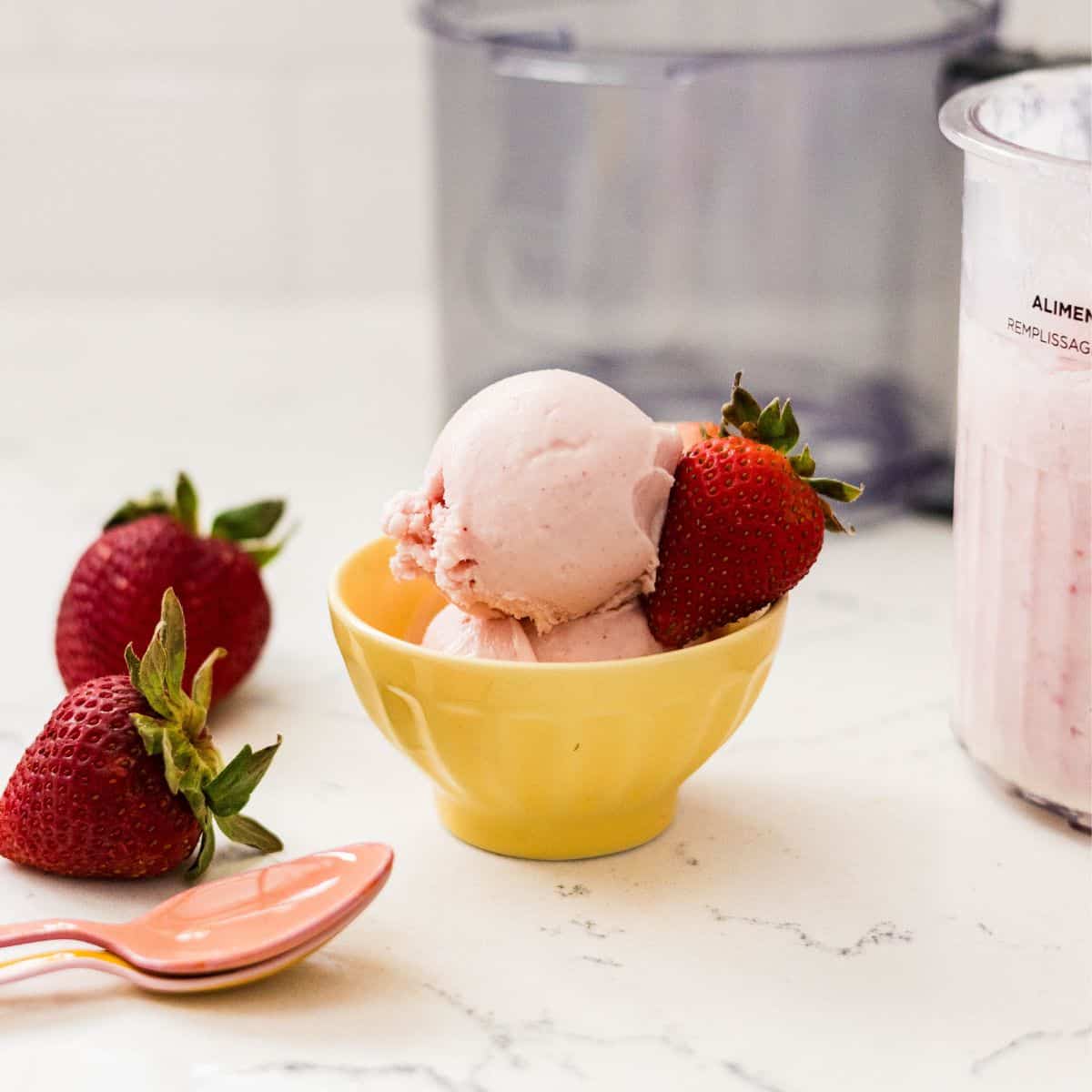 Homemade strawberry protein frozen yogurt made in the Ninja Creami and served with fresh strawberries