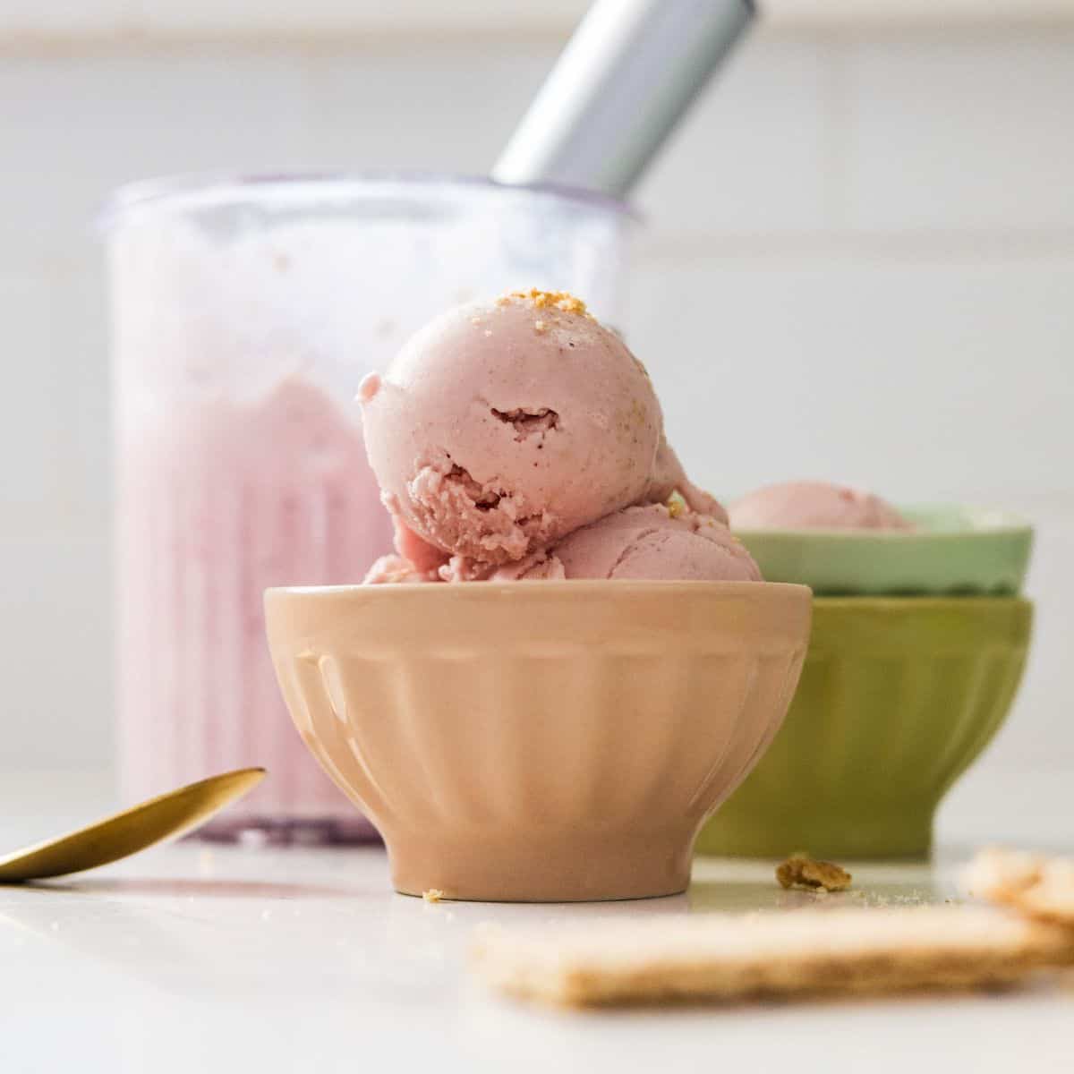 High protein strawberry cheesecake ice cream scoops served in a bowl with graham cracker crumbs