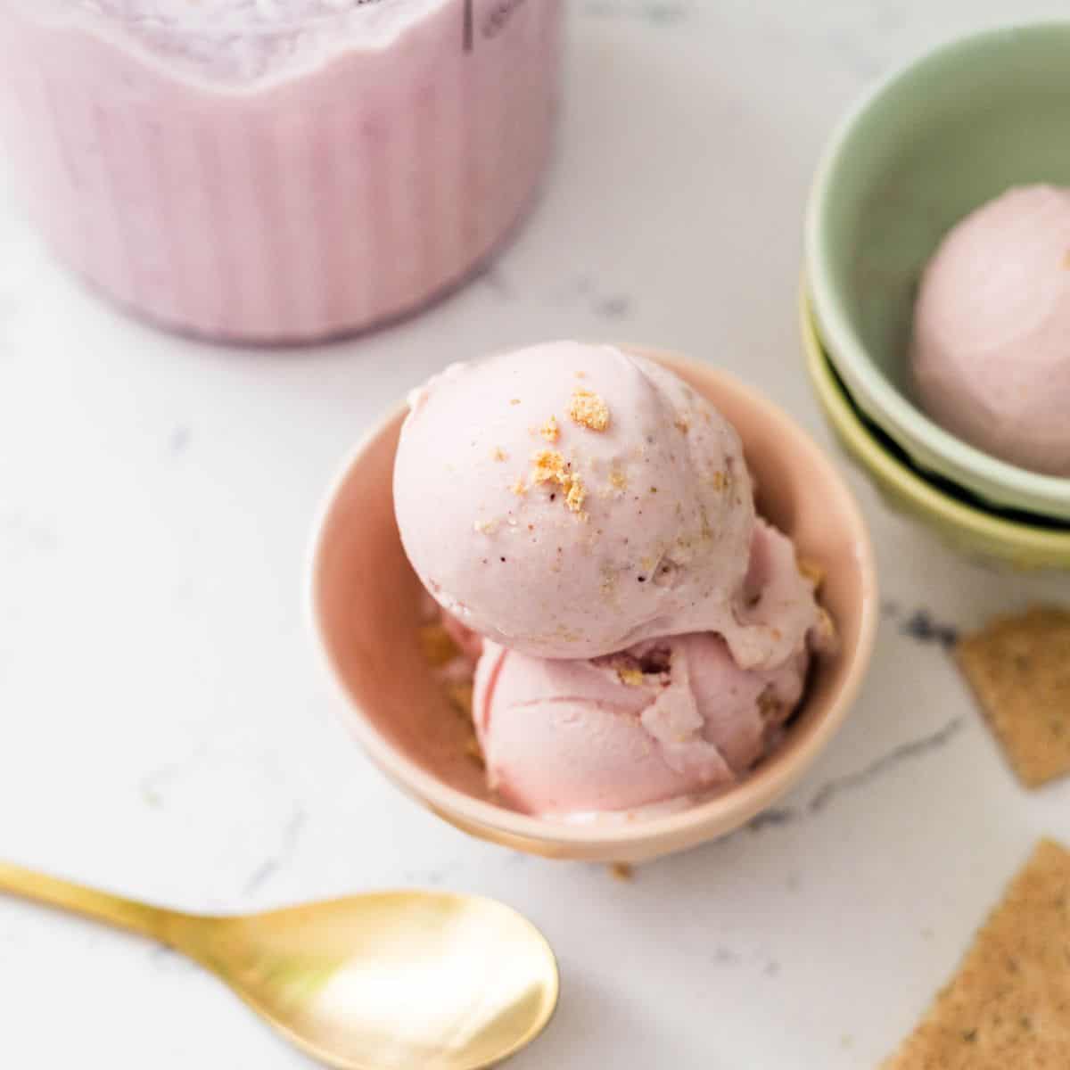 Ninja Creami strawberry cheesecake ice cream served in a bowl with graham cracker crumbs