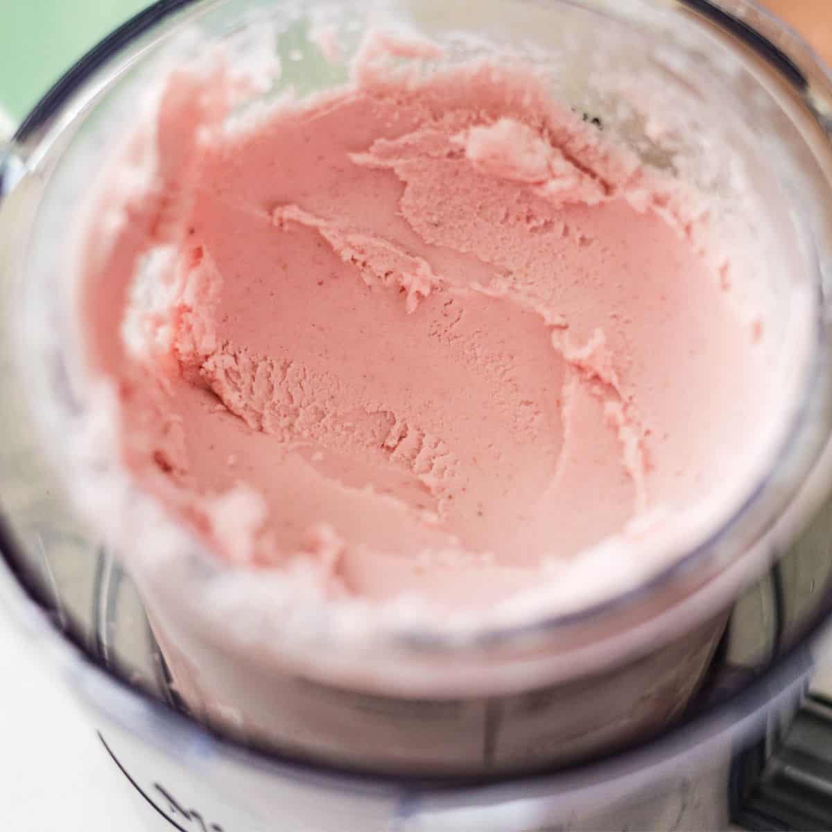 Creamy Ninja Creami high protein strawberry cheesecake ice cream after re-spinning