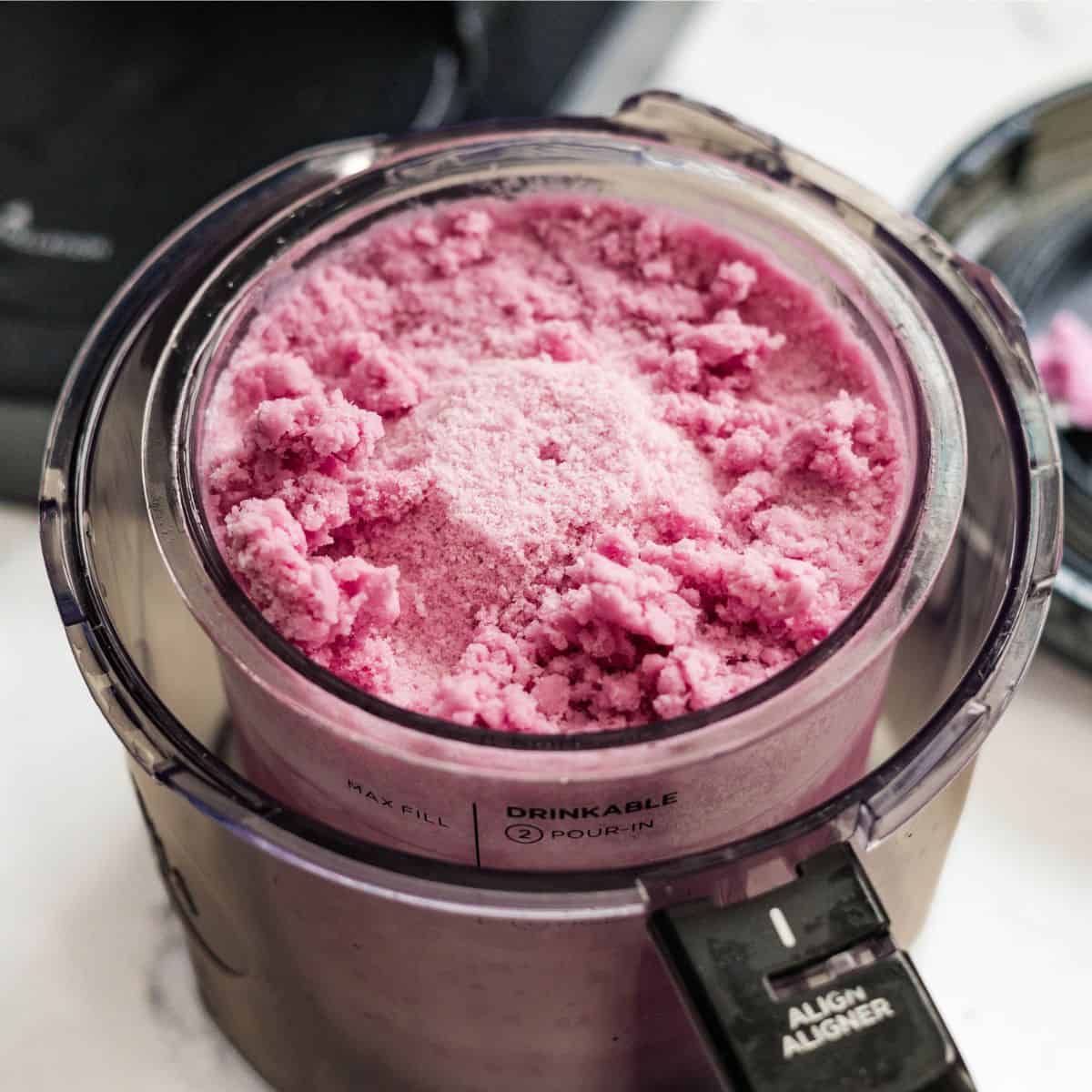Crumbly purple sweet potato ice cream after the first spin in a Ninja Creami